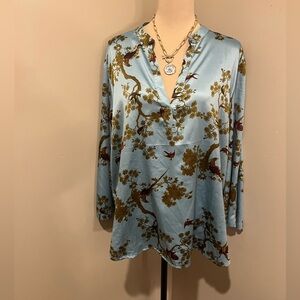 Natori Garden Melody Satin V Neck Blue & Burnt Umber Floral Blouse, size XL